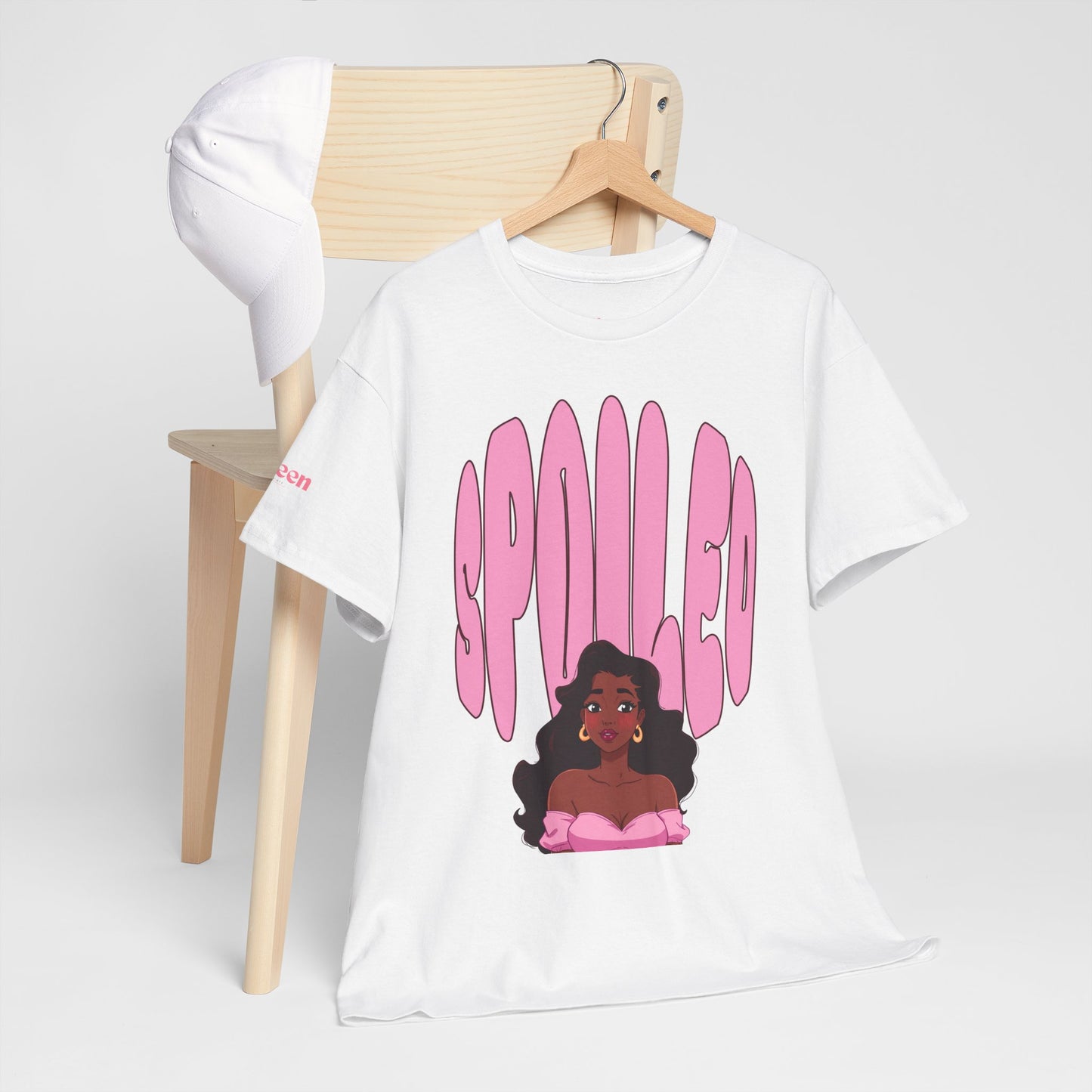 Spilled Pink Graphic Tee — Retro Bubble Letter Design with Curly-Haired Woman