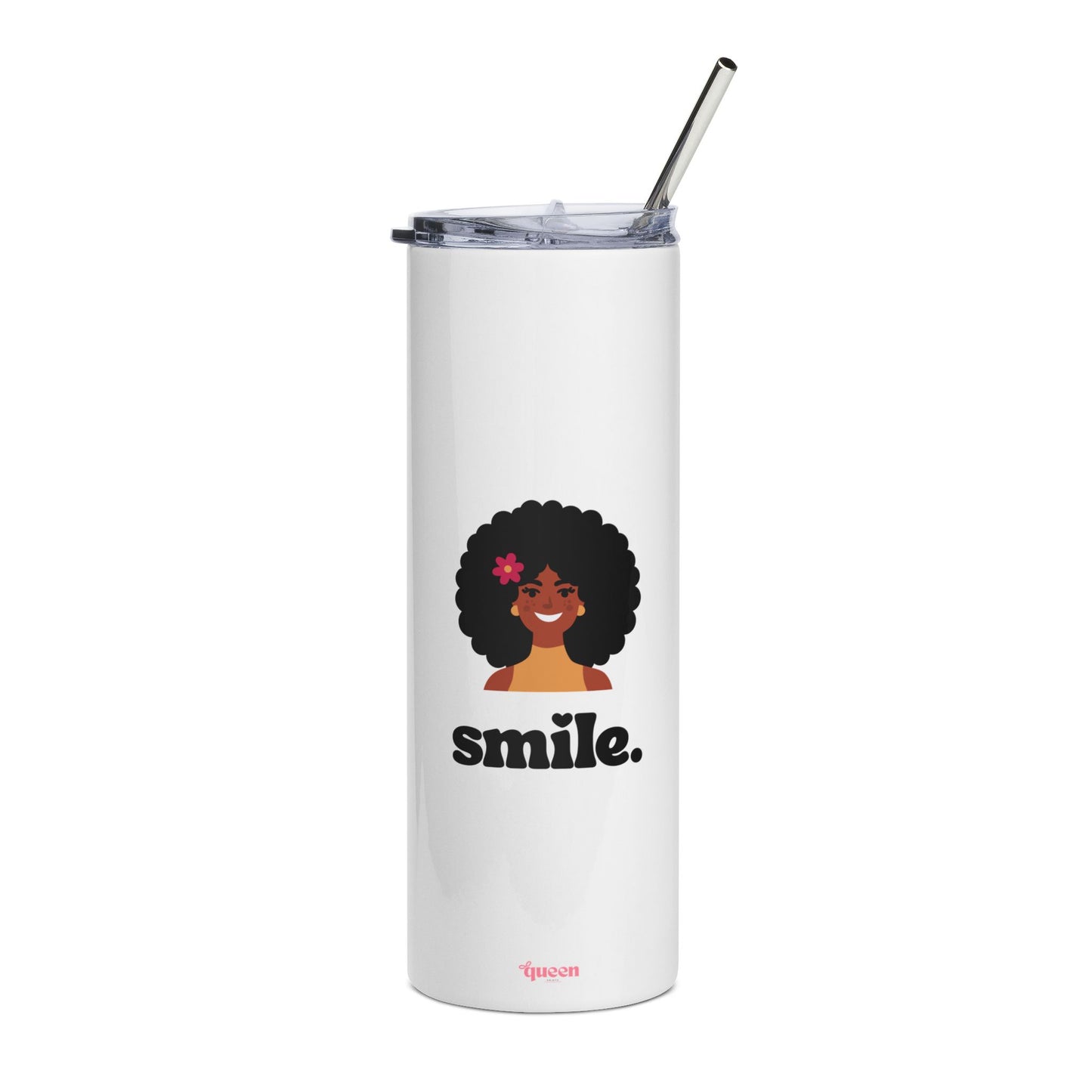 20oz Stainless Steel Tumbler — Afro Woman Smiling Design with "smile." Text