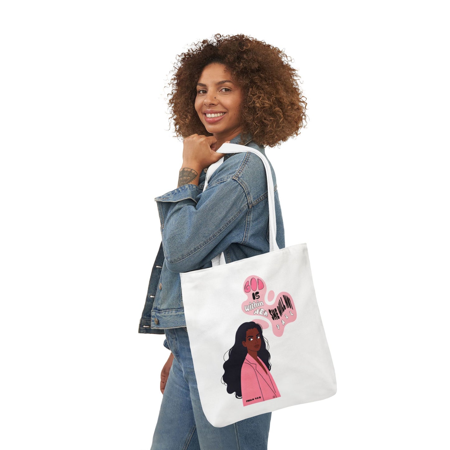 Tote Bag — "God Is Within Her; She Will Not Fail" Illustrated Faith Tote