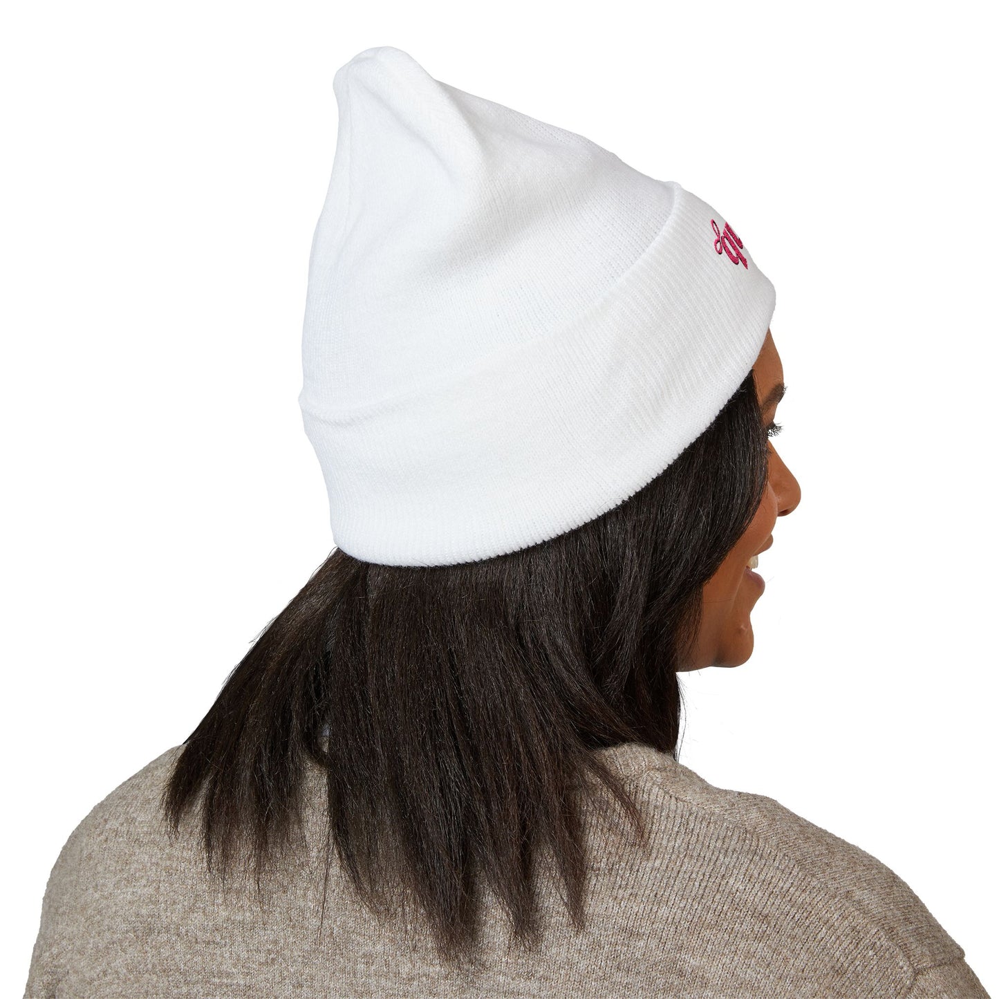 Embroidered "Queen" Cuffed Beanie – Pink Script Knit Hat