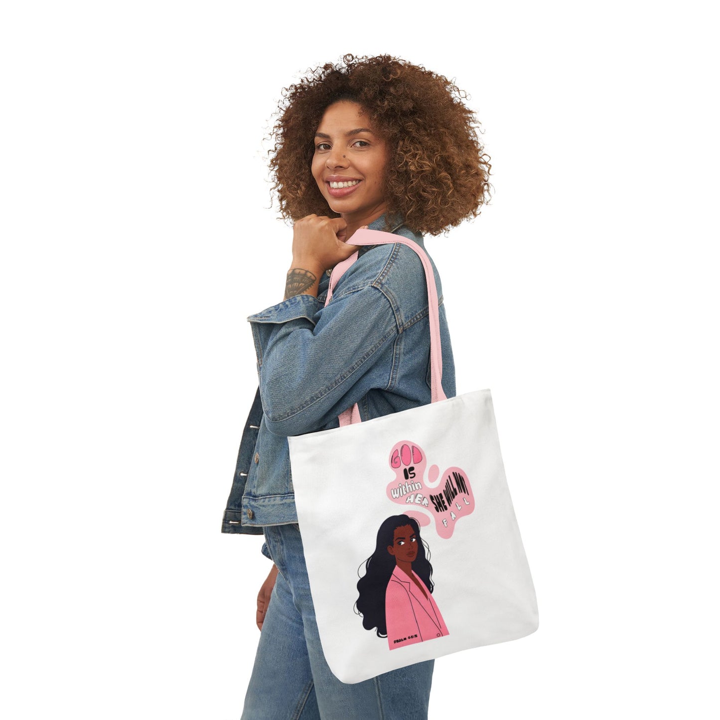 Tote Bag — "God Is Within Her; She Will Not Fail" Illustrated Faith Tote