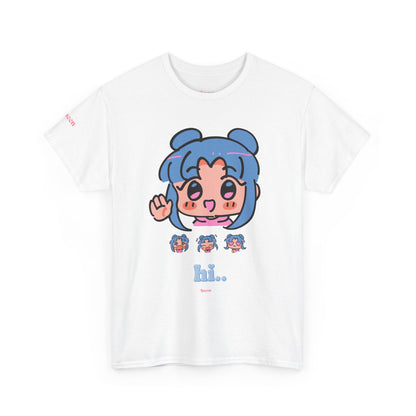 Cute Anime Hello Graphic Tee — "hi.." Blue Chibi Character T-Shirt