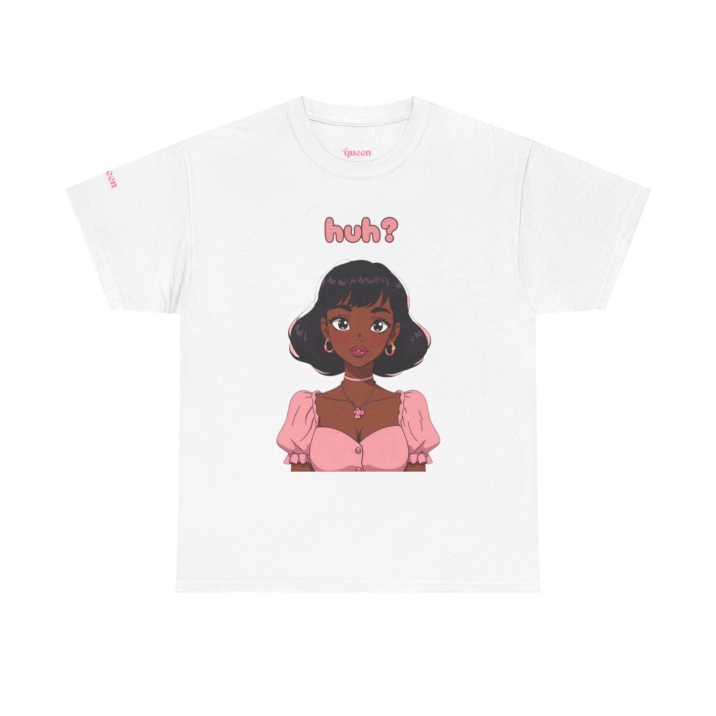 Cute Anime Girl 'huh?' Graphic Tee - Women's Pink Puff Sleeve Illustration