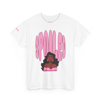 Spilled Pink Graphic Tee — Retro Bubble Letter Design with Curly-Haired Woman