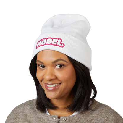 Hodel Embroidered Cuffed Beanie — Pink Bubble Letter Knit Hat