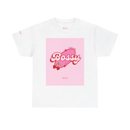 Bossy Pink Strawberry Tee — Cute Retro Script Graphic T-Shirt