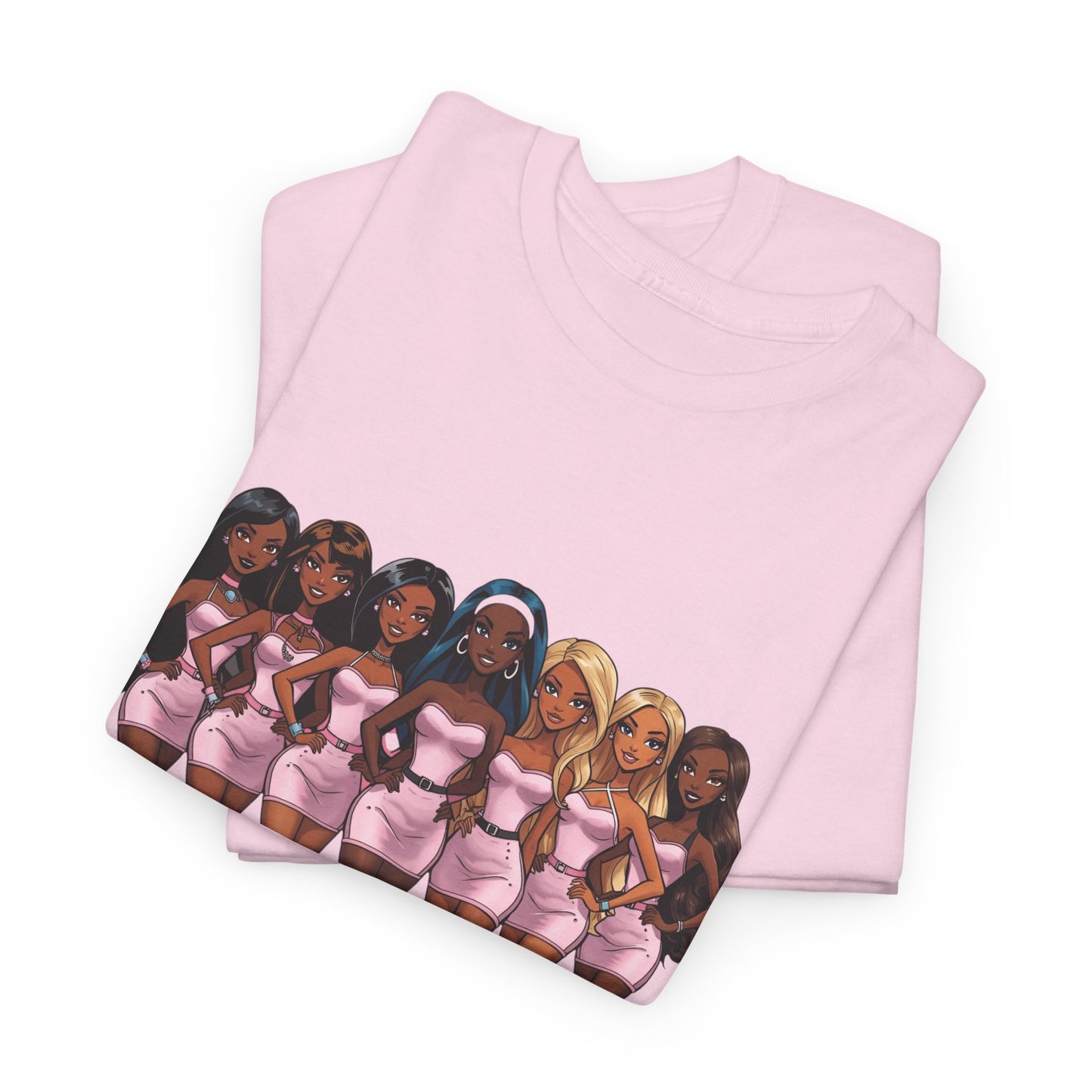 Sisterhood Graphic Tee — Diverse Dolls in Pink with “sisterhood.” Text
