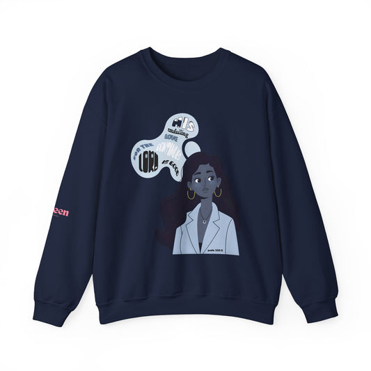 Crewneck Sweatshirt — Thoughtful Woman Illustration with Motivational Faith Word Bubbles