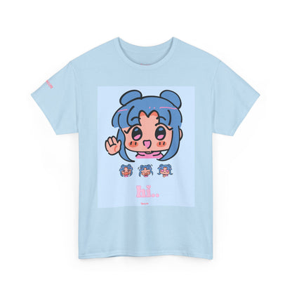 Cute Anime Hello Graphic Tee — "hi.." Blue Chibi Character T-Shirt