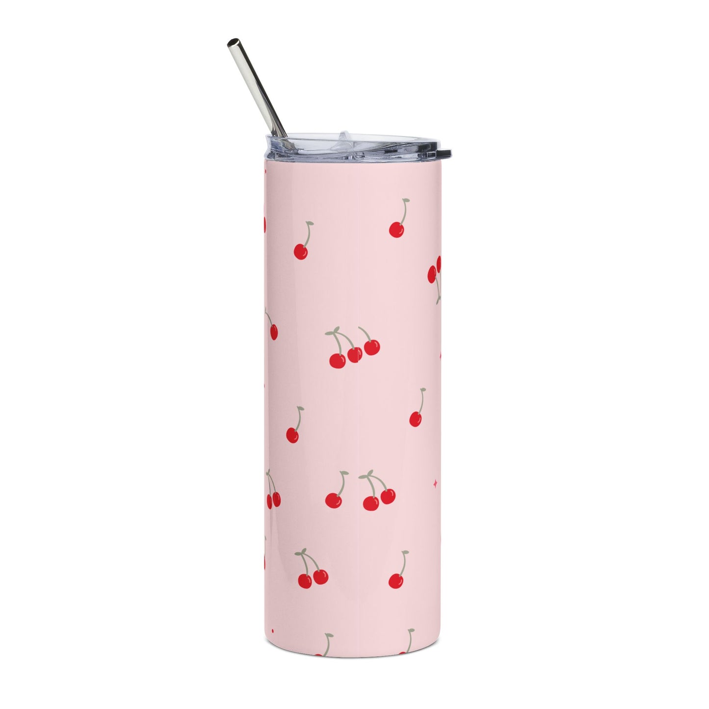 Luke 1:45 Cherry Pattern 20oz Stainless Tumbler — Faith-Inspired Pink Travel Cup