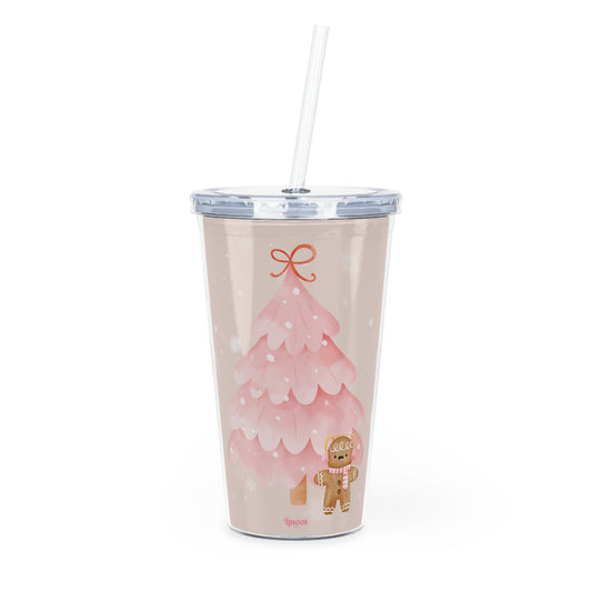Christmas Gingerbread & Pink Tree Tumbler with Straw