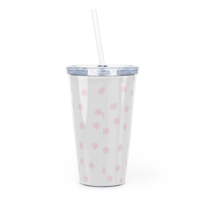 "Candy Cane Lane" Plastic Tumbler with Straw — Cute Pink Holiday Drink Cup