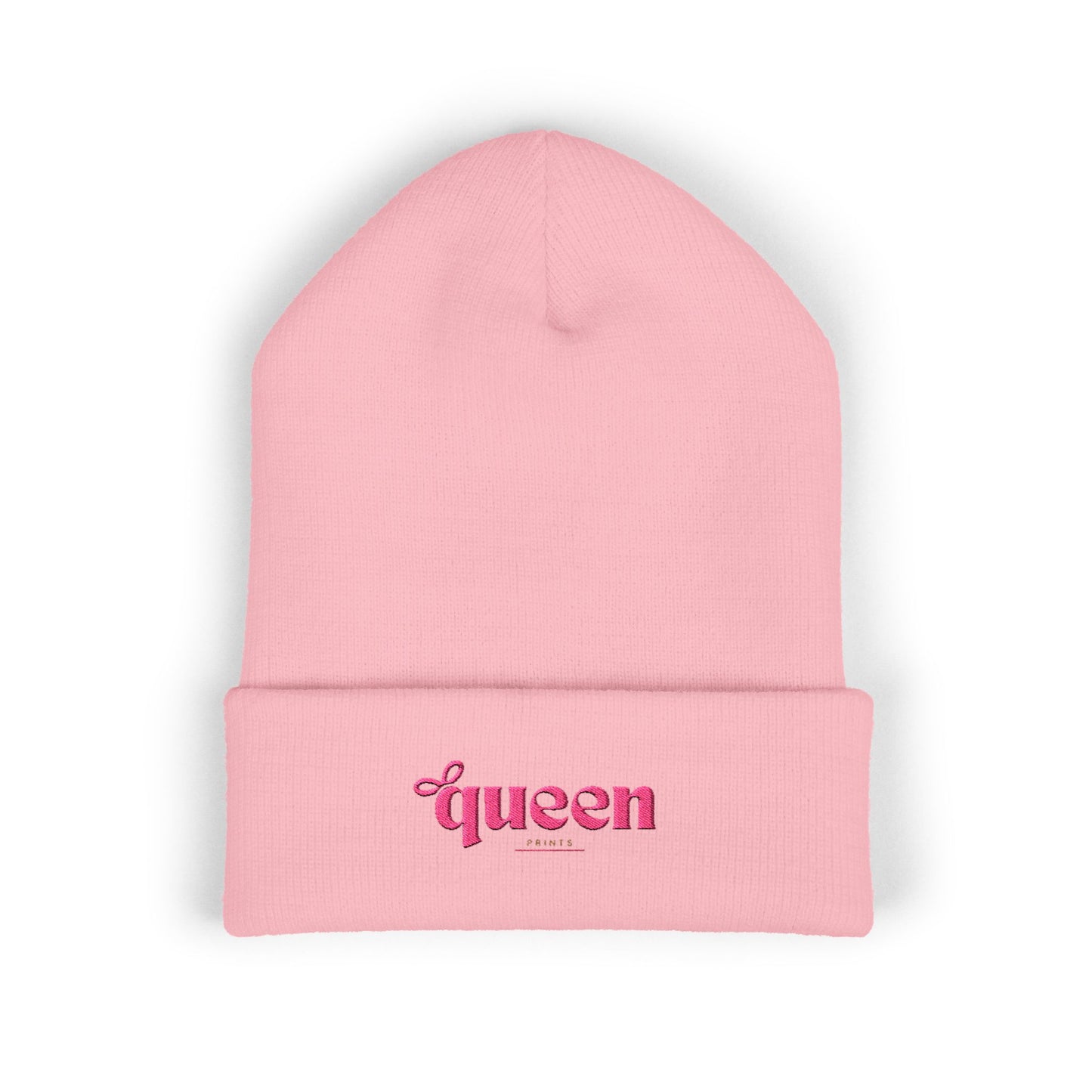 Embroidered "Queen" Cuffed Beanie – Pink Script Knit Hat