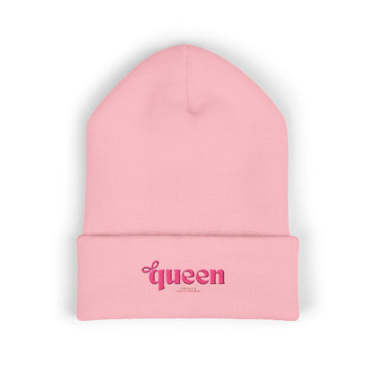 Embroidered "Queen" Cuffed Beanie – Pink Script Knit Hat