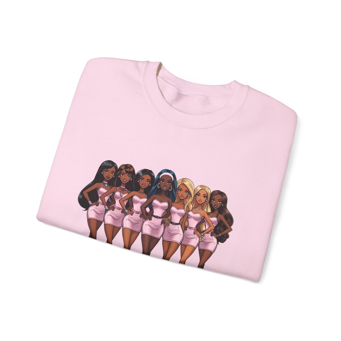 Sweatshirt — Sisterhood Graphic Crewneck (diverse dolls, 'sisterhood.' text)