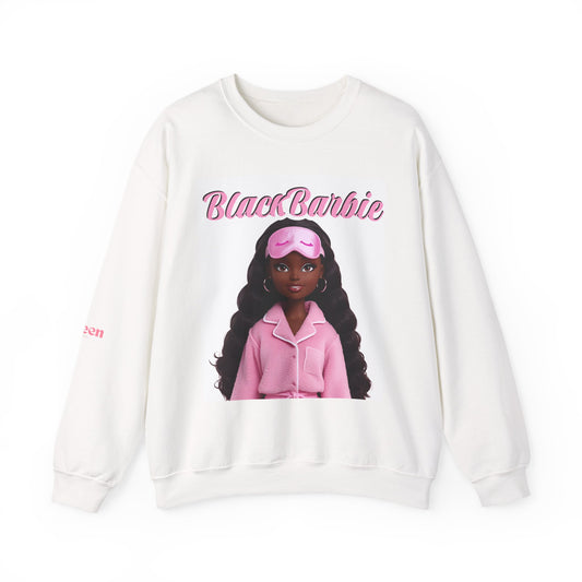Black Barbie Crewneck Sweatshirt — Pink Pajama Doll Graphic