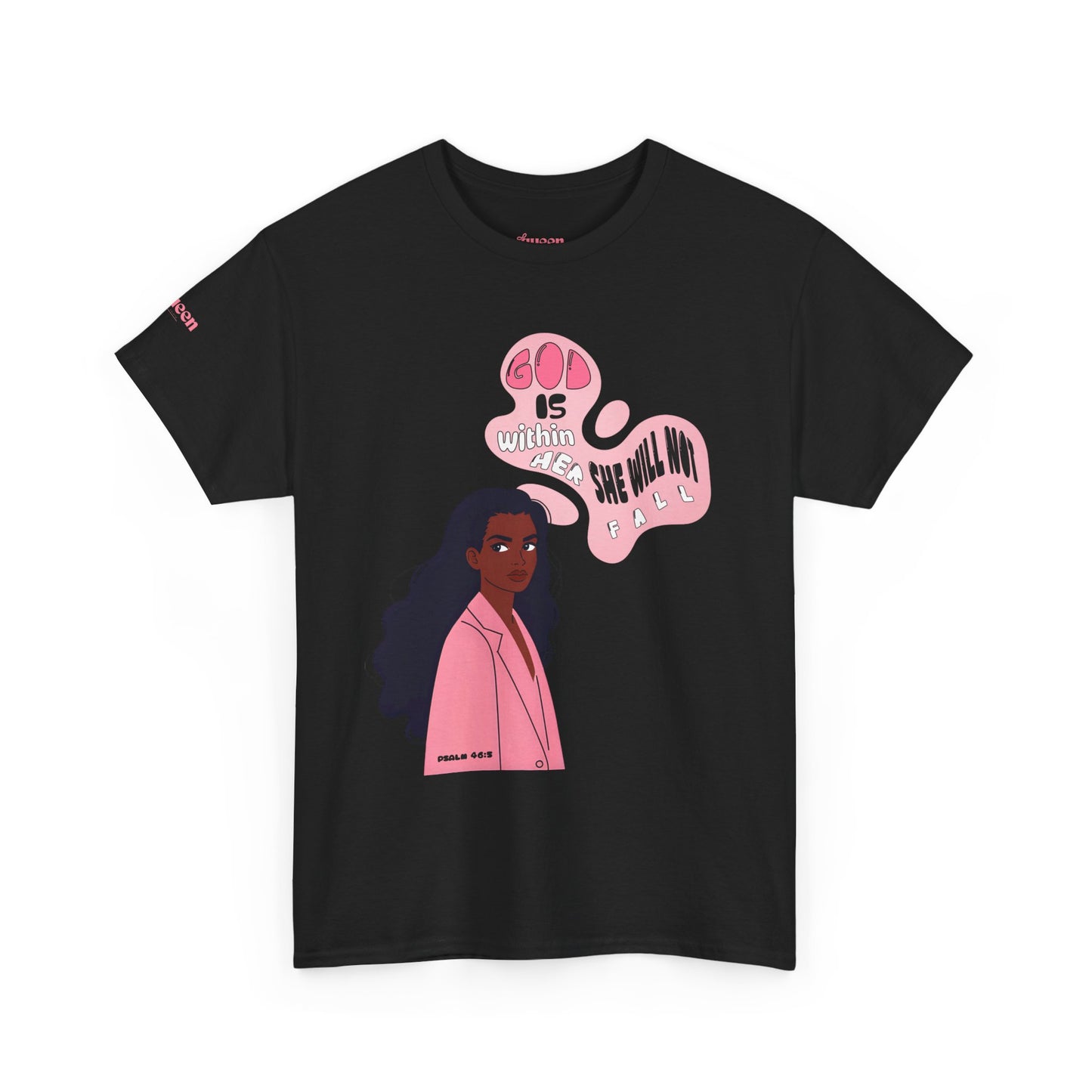 Empowerment Tee — "God Is Within Her" Graphic Shirt (Pink Illustration)