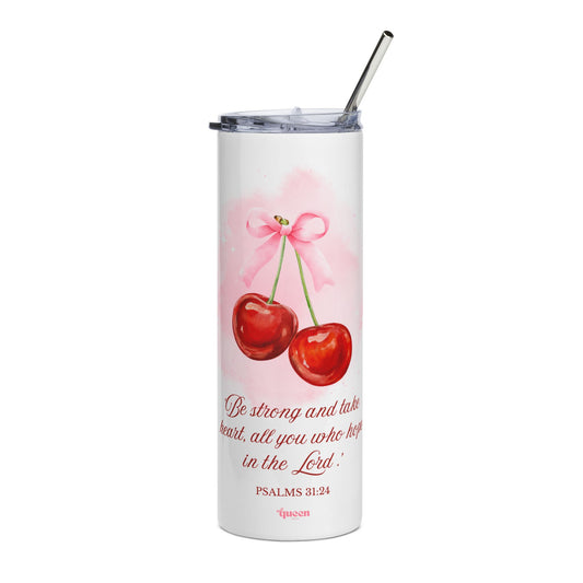 Cherry Pattern Faith 20oz Stainless Tumbler — Faith-Inspired Pink Travel Cup