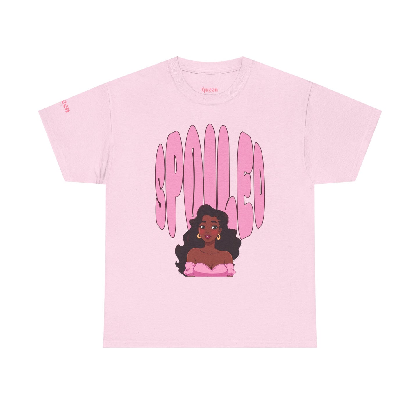 Spilled Pink Graphic Tee — Retro Bubble Letter Design with Curly-Haired Woman