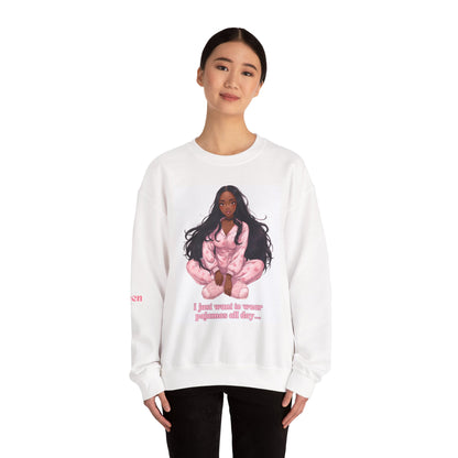 Crewneck Sweatshirt — Cozy Pink Pajama Girl Graphic "I Just Want to Wear Pajamas All Day"