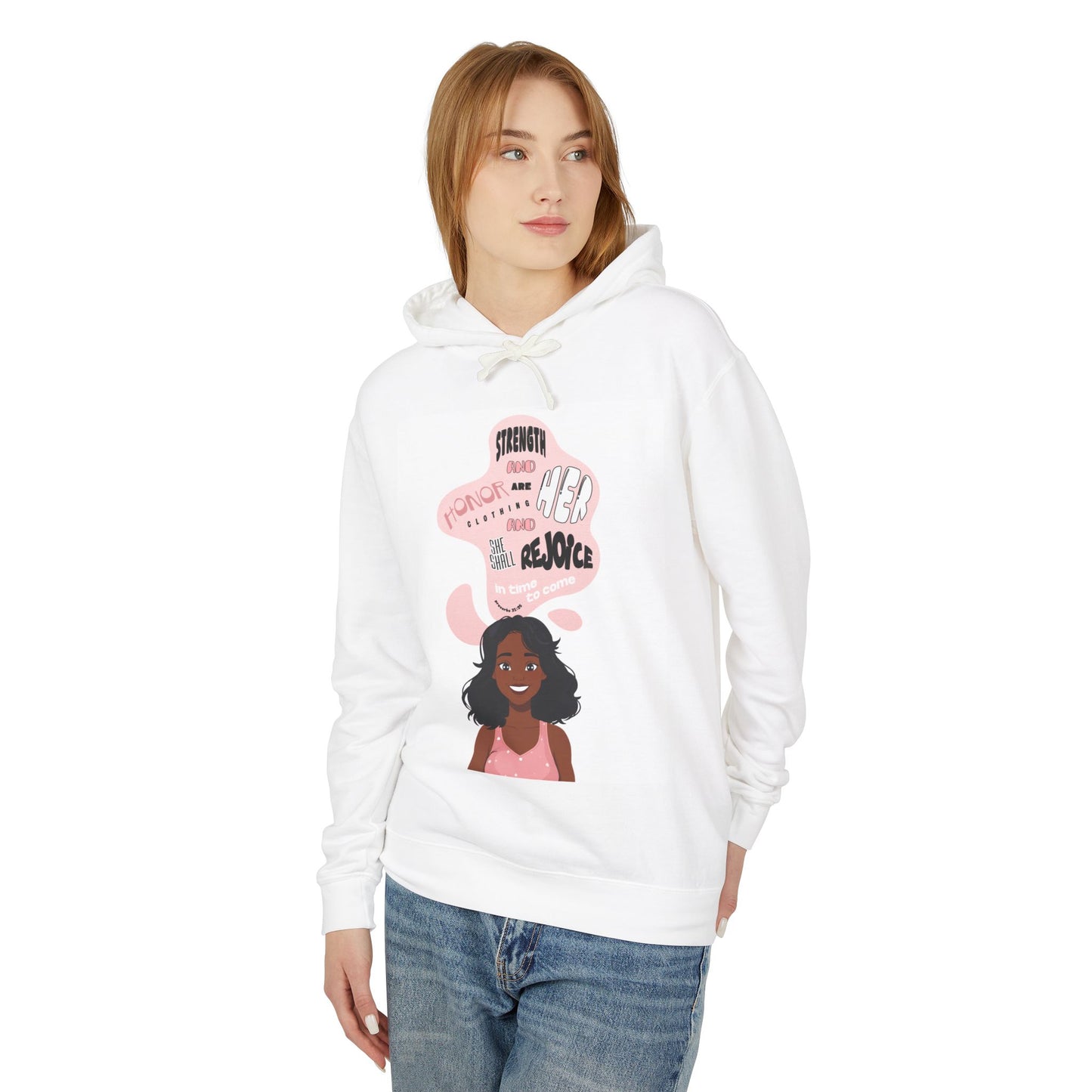 Queen Power Hoodie — Inspirational Pink 'Proverbs Woman' Graphic Sweatshirt