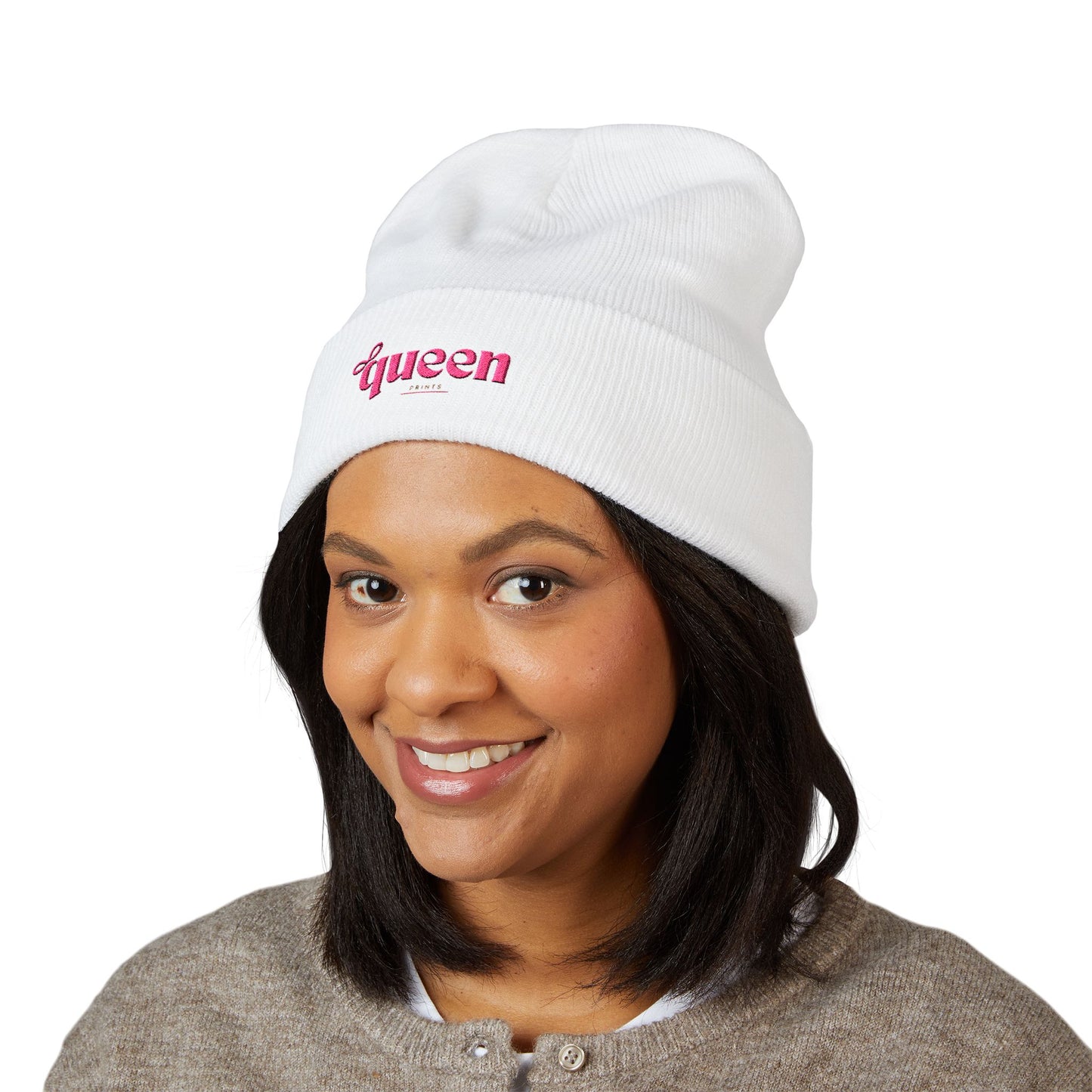 Embroidered "Queen" Cuffed Beanie – Pink Script Knit Hat