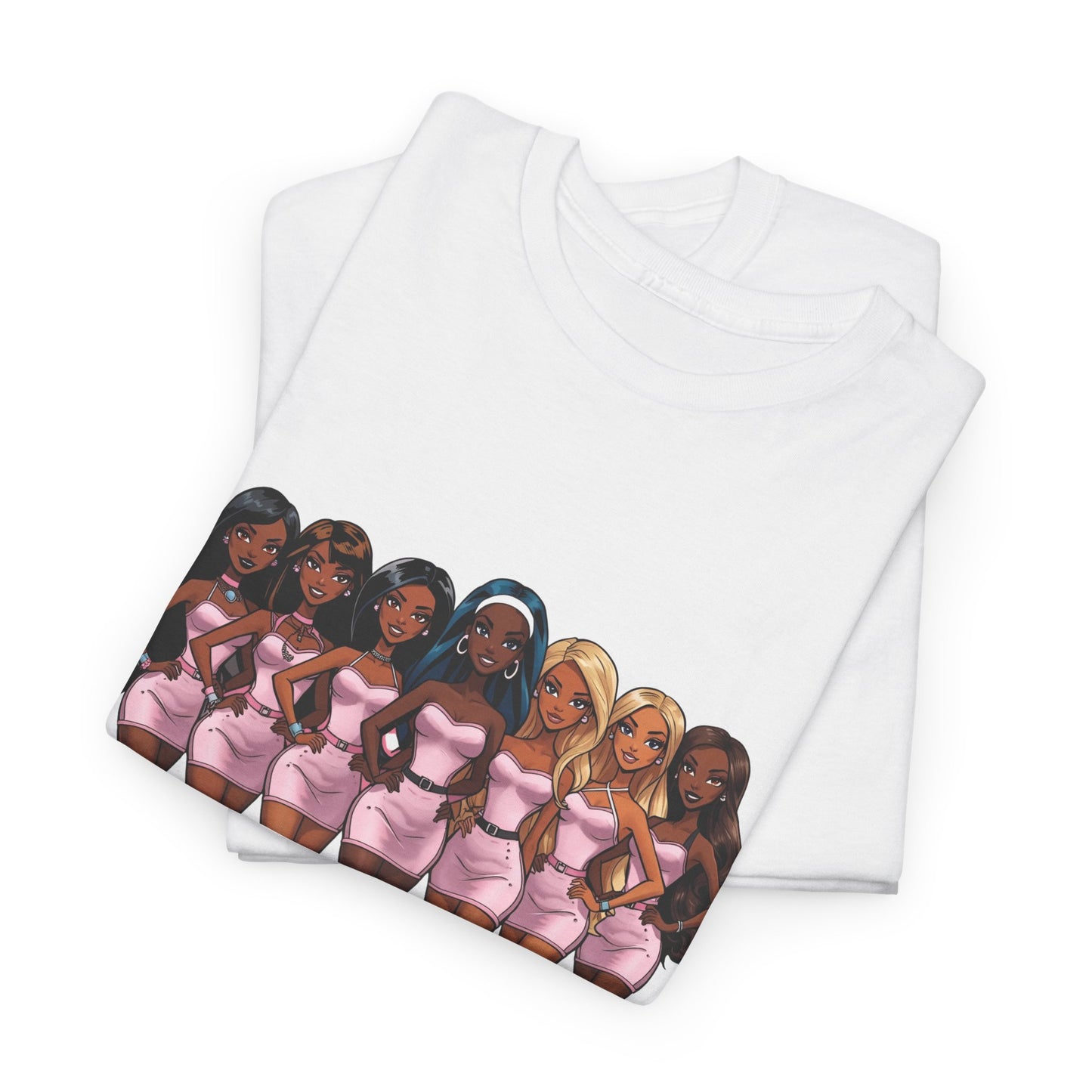 Sisterhood Graphic Tee — Diverse Dolls in Pink with “sisterhood.” Text