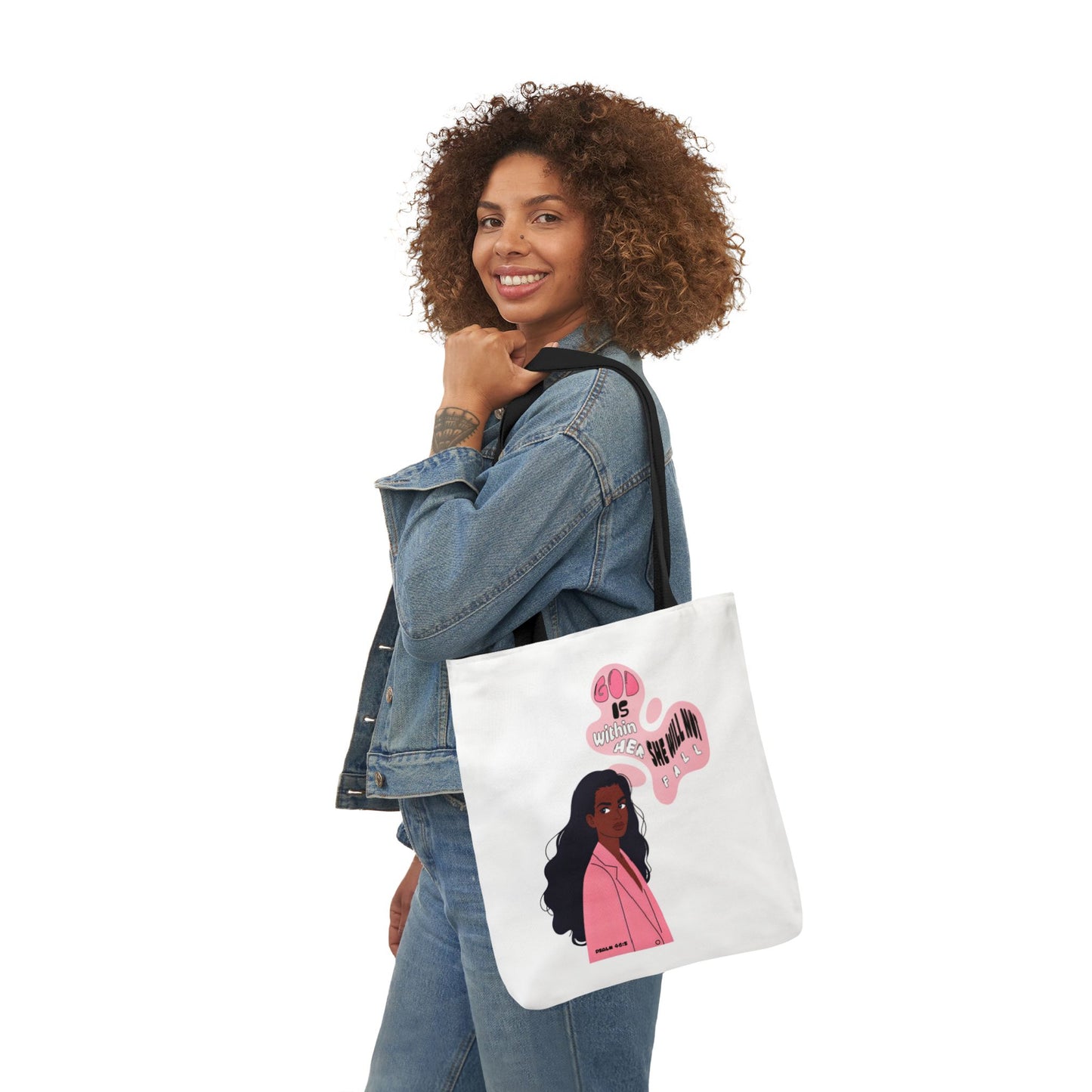 Tote Bag — "God Is Within Her; She Will Not Fail" Illustrated Faith Tote