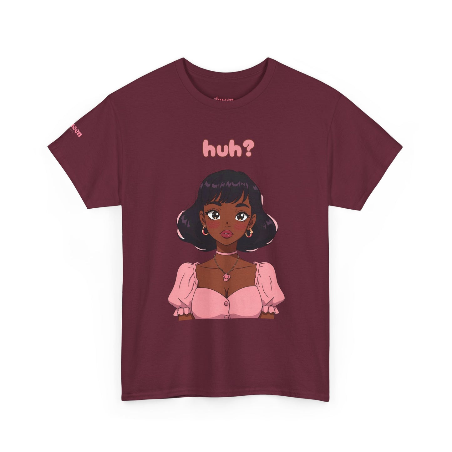 Cute Anime Girl 'huh?' Graphic Tee - Women's Pink Puff Sleeve Illustration