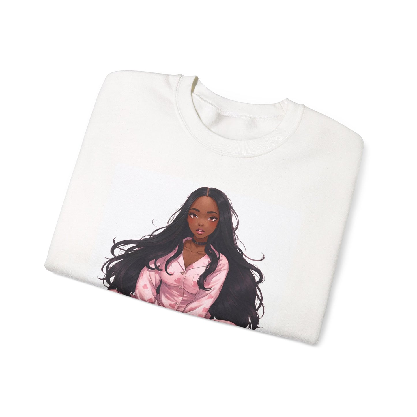 Crewneck Sweatshirt — Cozy Pink Pajama Girl Graphic "I Just Want to Wear Pajamas All Day"