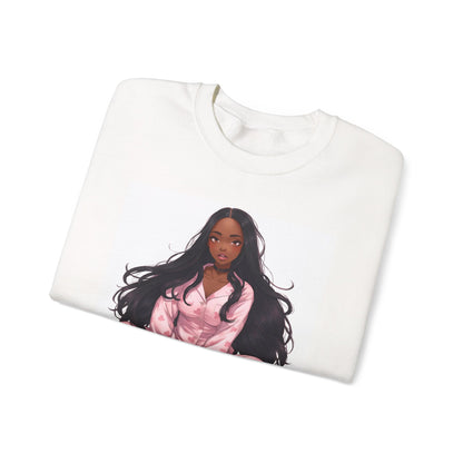 Crewneck Sweatshirt — Cozy Pink Pajama Girl Graphic "I Just Want to Wear Pajamas All Day"