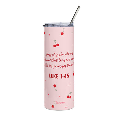 Luke 1:45 Cherry Pattern 20oz Stainless Tumbler — Faith-Inspired Pink Travel Cup
