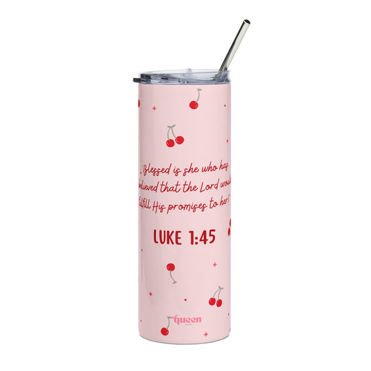 Luke 1:45 Cherry Pattern 20oz Stainless Tumbler — Faith-Inspired Pink Travel Cup