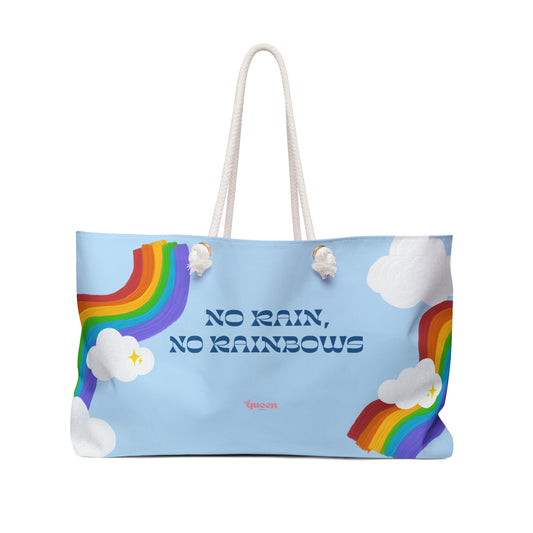 No Rain, No Rainbows Weekender Bag — Light Blue Rainbow & Clouds Travel Tote
