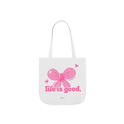 Tote Bag — 'Life is Good' Pink Bow Canvas Tote, Cute Heart Gift Bag