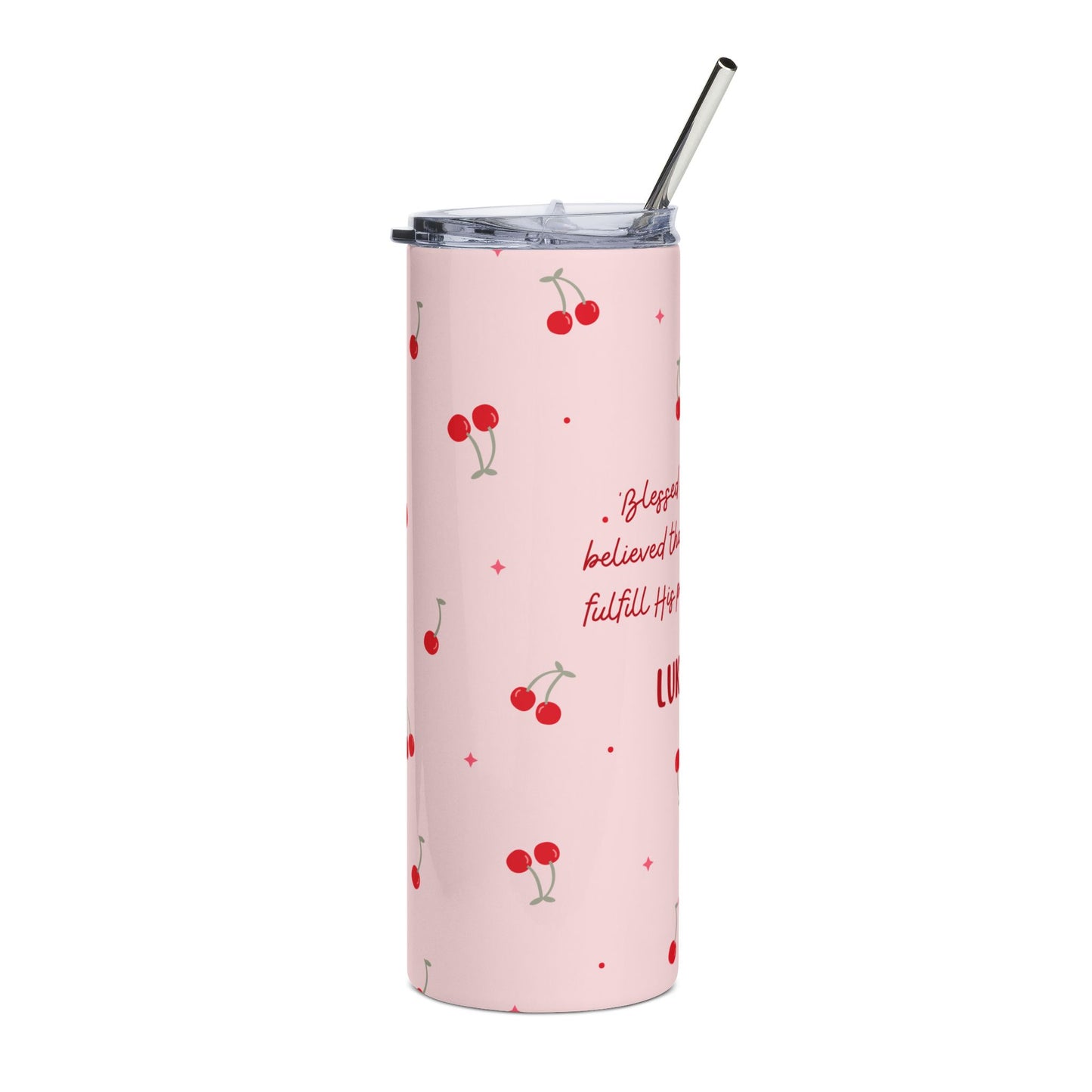 Luke 1:45 Cherry Pattern 20oz Stainless Tumbler — Faith-Inspired Pink Travel Cup