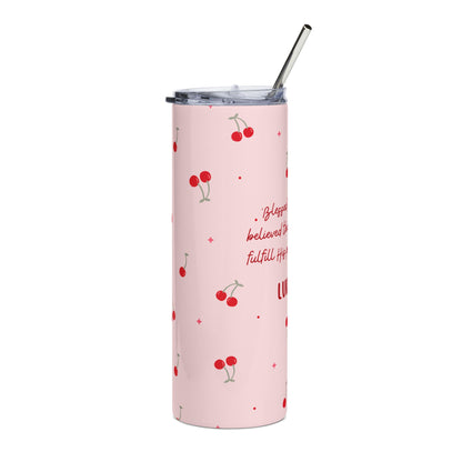 Luke 1:45 Cherry Pattern 20oz Stainless Tumbler — Faith-Inspired Pink Travel Cup