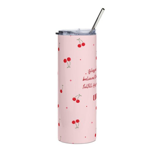 Luke 1:45 Cherry Pattern 20oz Stainless Tumbler — Faith-Inspired Pink Travel Cup